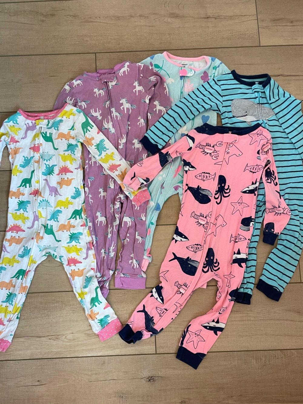 Bundle of (5) Carter’s 3T Girls One-Piece Long-Sleeved Pajamas, 100% Cotton